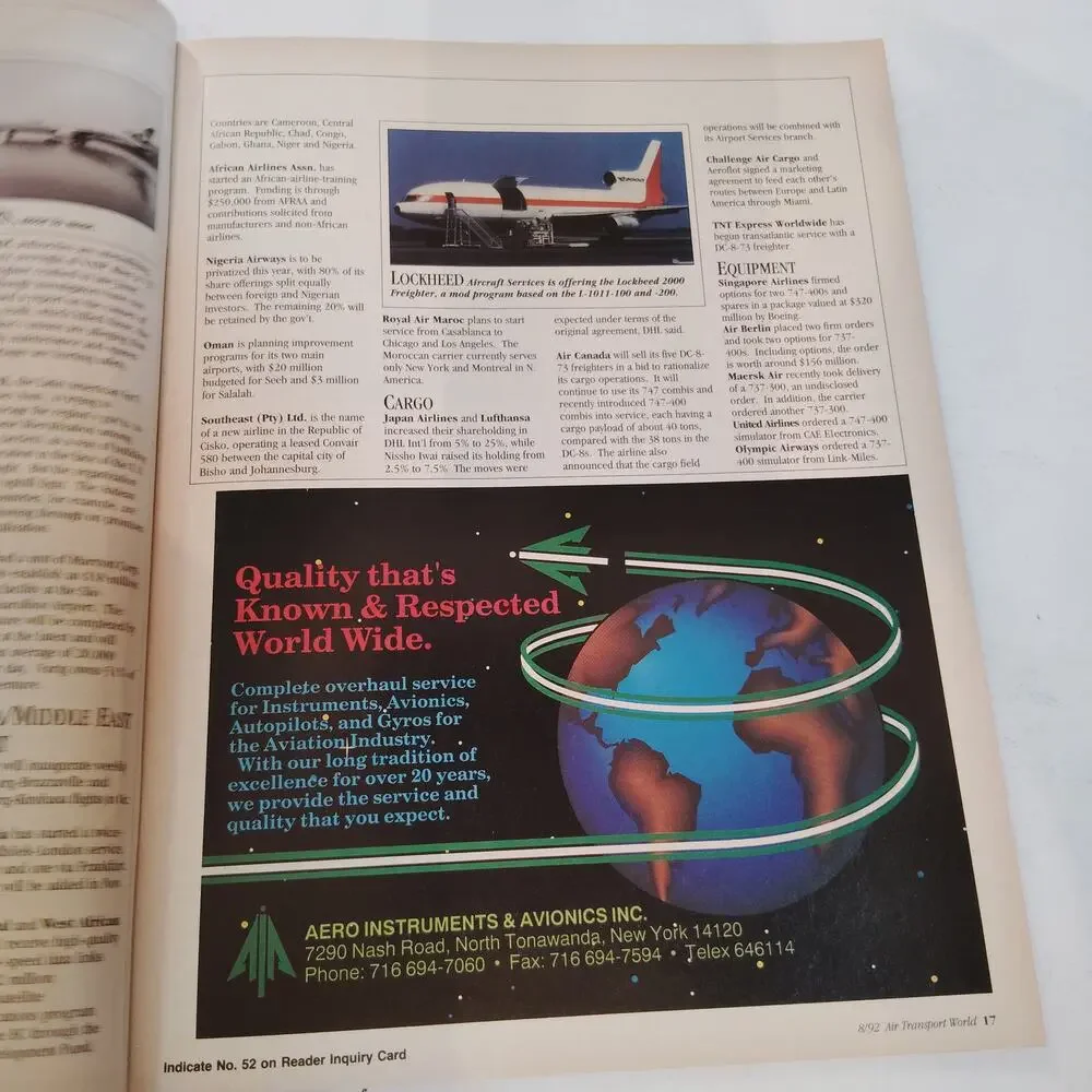 Air Transport World Magazine - August 1992 Aviation Industry Publication